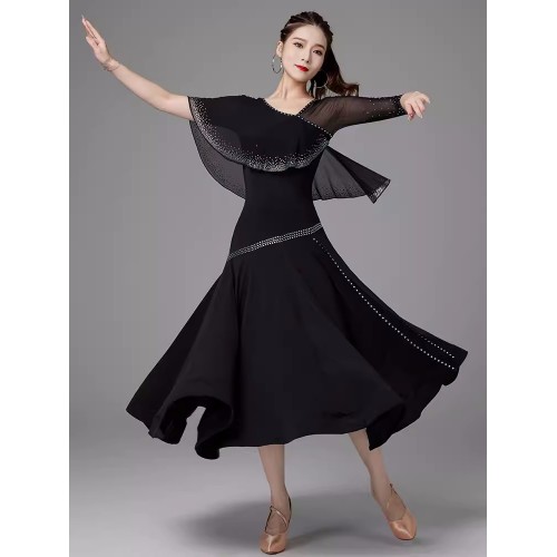 Blue purple black gemstones competition ballroom dance dresses for women girls waltz tango foxtrot smooth training exercises performance long gown for lady